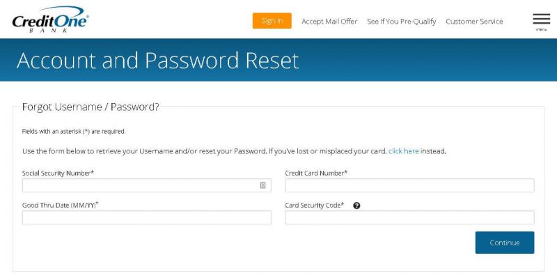 credit one bank forgot username password